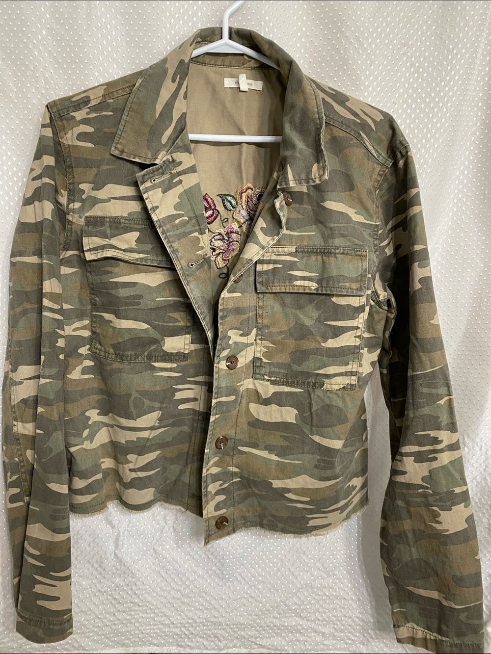 Maurices Camouflage Utility Jacket in Olive and Tan with Embroidered Detail